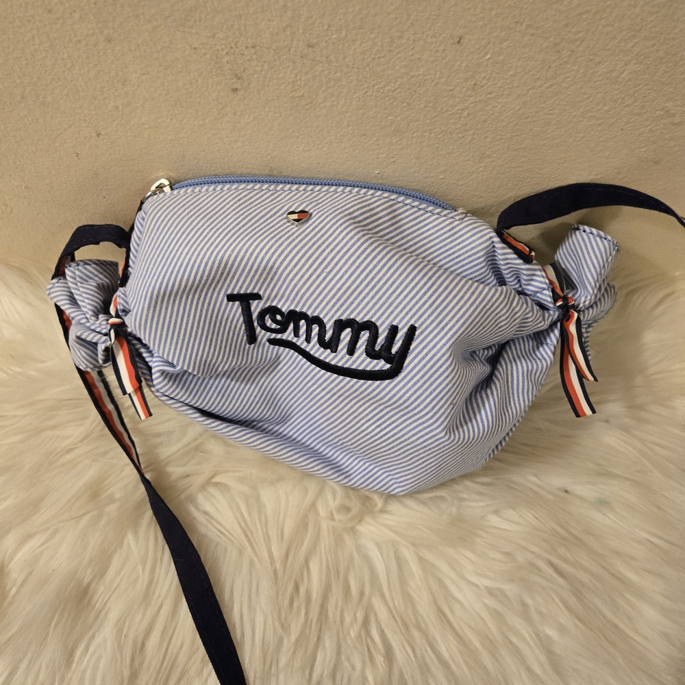 Tommy Hilfiger Blue & White Striped Seersucker Crossbody with Embroidered Logo